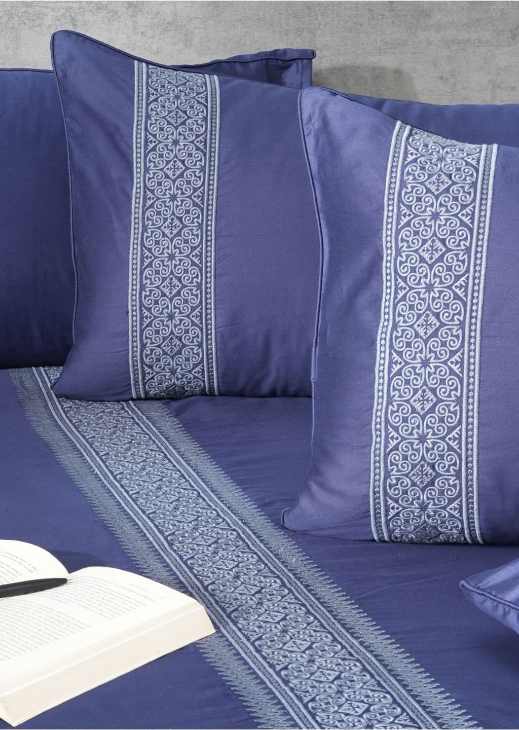 Royal Crest Embroidered Bedsheet Set | Royal Navy | Designer Embroidery | 1 Bedsheet with 2 Pillow Covers | Luxury Bedroom Décor (108″x108″/274cmx274cm)