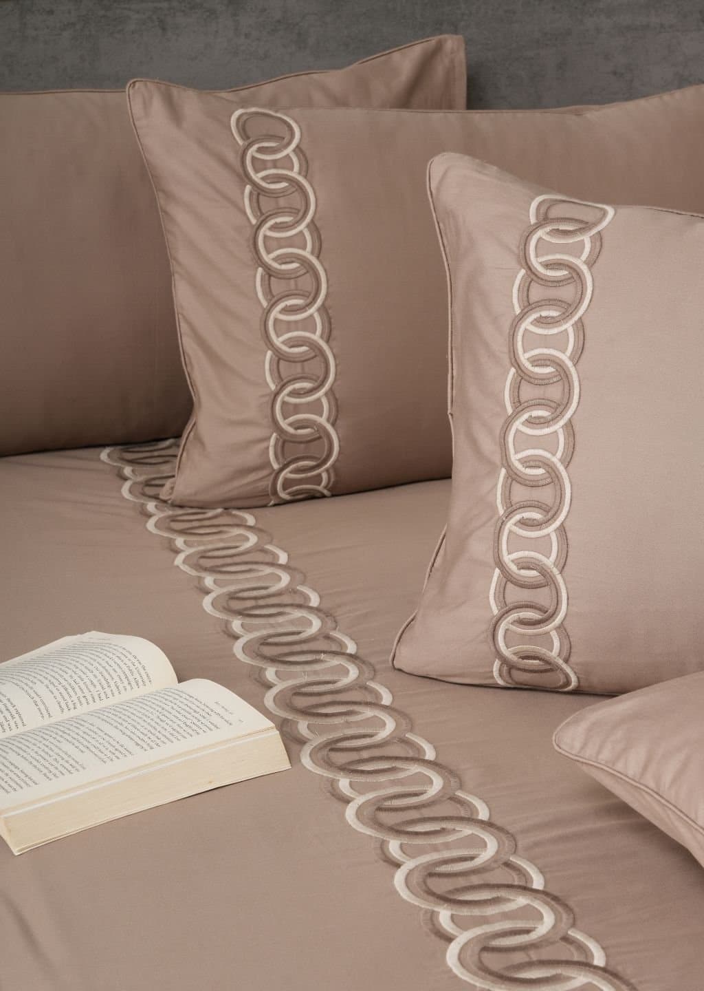 Linked Edit Embroidered Bedsheet Set | Warm Cocoa | Designer Embroidery | 1 Bedsheet with 2 Pillow Covers | Luxury Bedroom Décor (108″x108″/274cmx274cm)