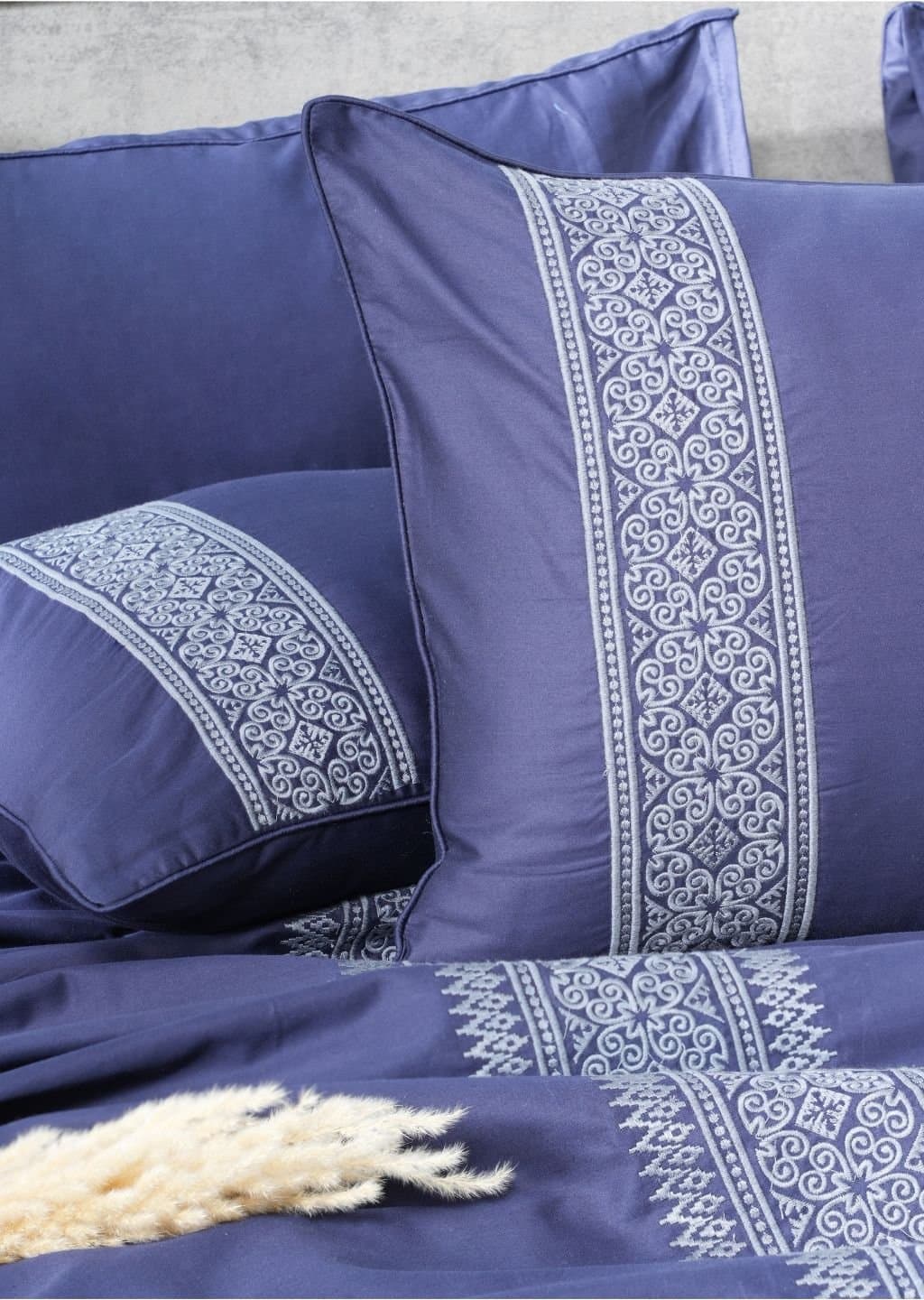 Royal Crest Embroidered Bedsheet Set | Royal Navy | Designer Embroidery | 1 Bedsheet with 2 Pillow Covers | Luxury Bedroom Décor (108″x108″/274cmx274cm) view 2