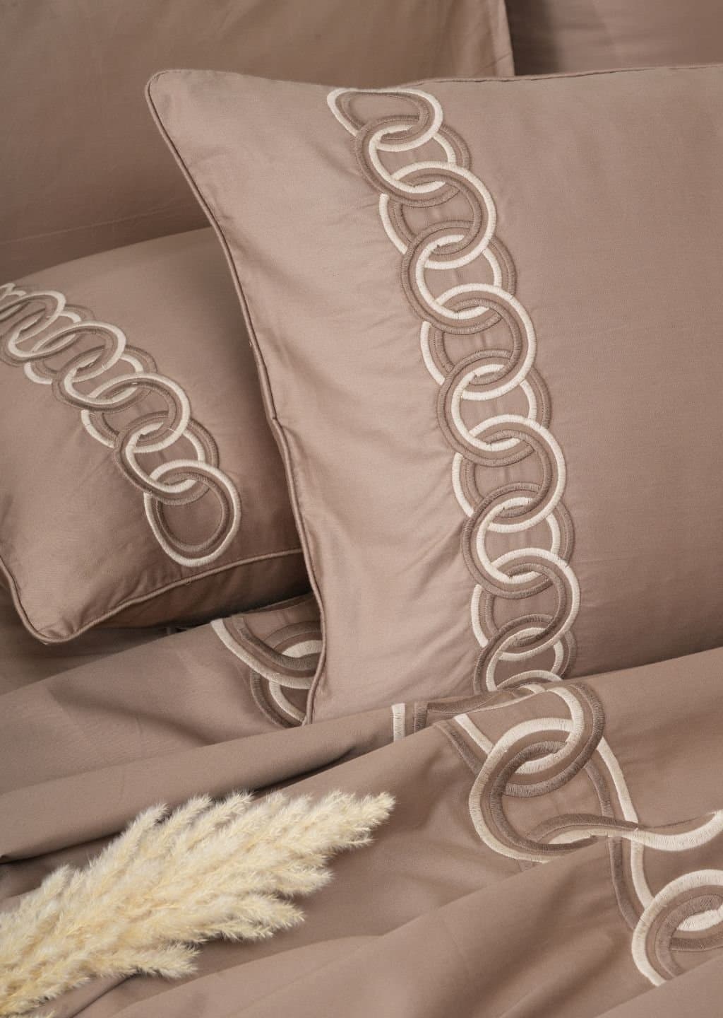 Linked Edit Embroidered Bedsheet Set | Warm Cocoa | Designer Embroidery | 1 Bedsheet with 2 Pillow Covers | Luxury Bedroom Décor (108″x108″/274cmx274cm) alternate view