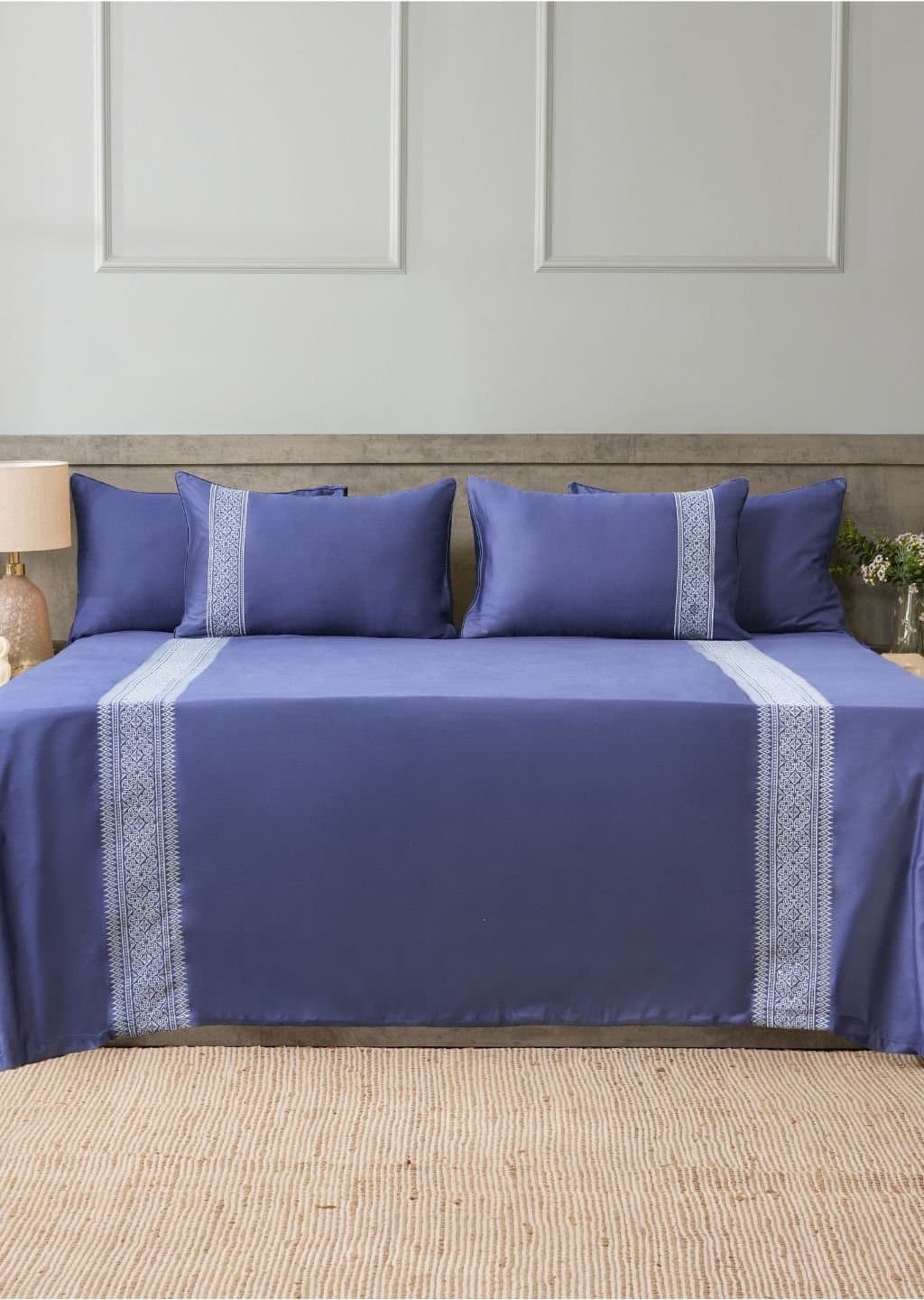 Royal Crest Embroidered Bedsheet Set | Royal Navy | Designer Embroidery | 1 Bedsheet with 2 Pillow Covers | Luxury Bedroom Décor (108″x108″/274cmx274cm) view 3