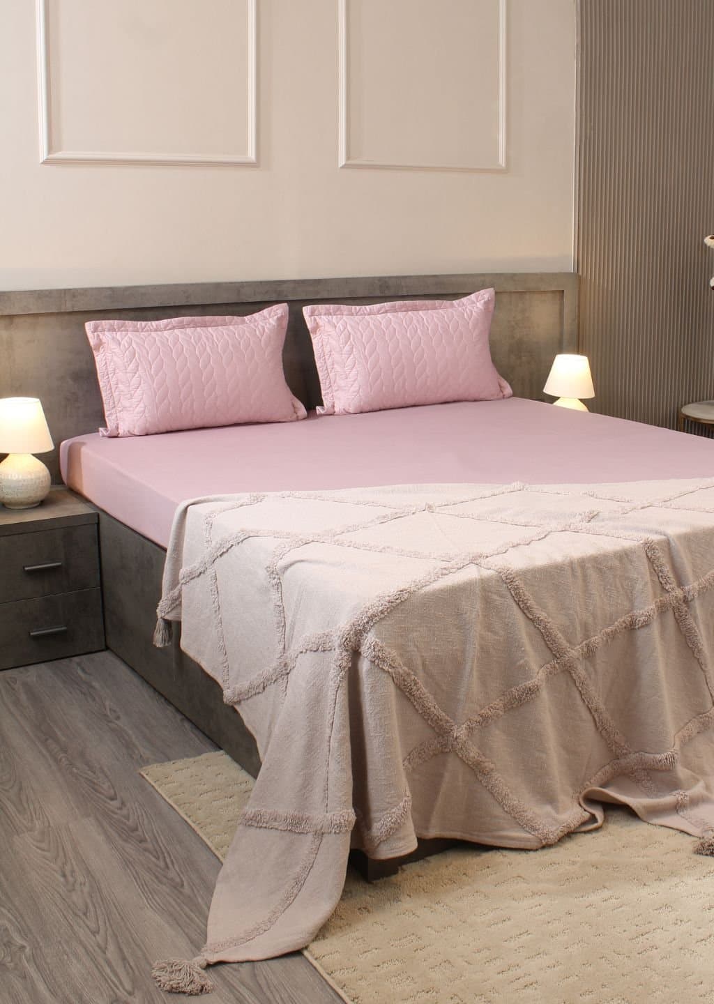 Aura-Quilt Collection | 100% Cotton | Solids (108″x108″/274cmx274cm) | 300TC Superking Size Bedsheet with 2 Quilted Pillow Covers | Muted Rose view 2