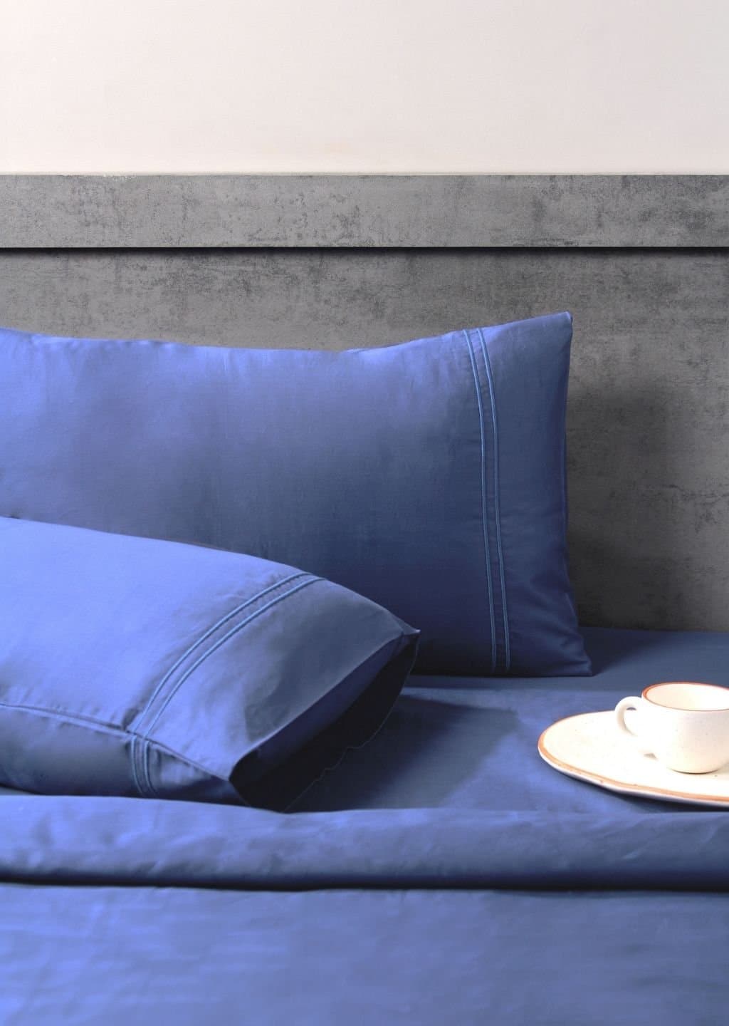 Linea Luxe Collection | 100% Cotton | Solids (108″x108″/274cmx274cm) | 400TC Superking Size Bedsheet with 2 Embroided Pillow Covers | Med Blue