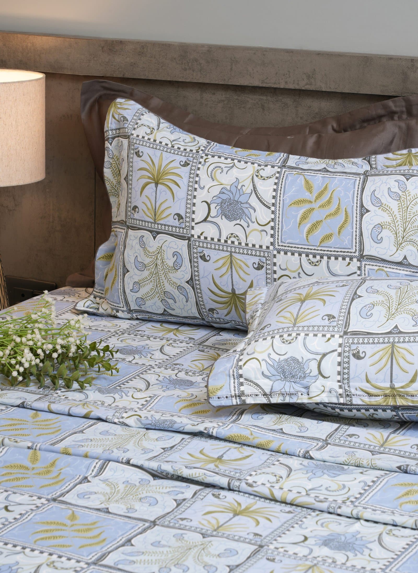 Sleeping Owls- Because Your Sleep Matters (In-House) Weavio Collection | 100% Cotton | Stylized Floral Motifs (108″x108″/274cmx274cm) | 210TC Superking Size Bedsheet with 2 Piping Pillow Covers