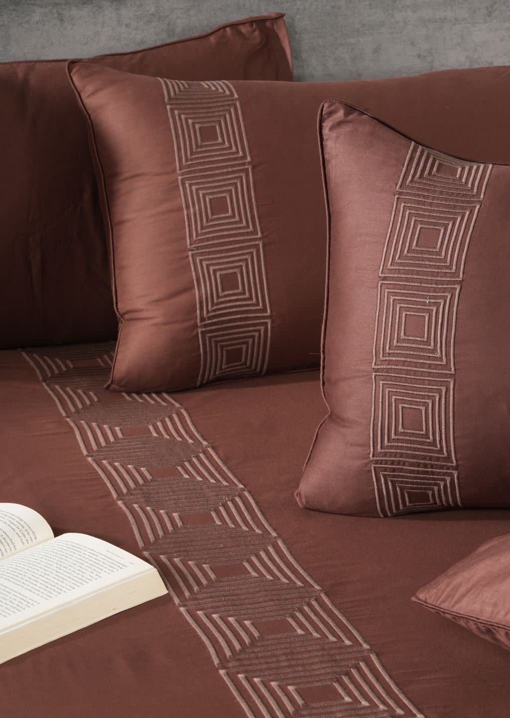 Geometric Square Embroidered Bedsheet Set | Cocoa Roast | Designer Embroidery | 1 Bedsheet with 2 Pillow Covers | Luxury Bedroom Décor (108″x108″/274cmx274cm)