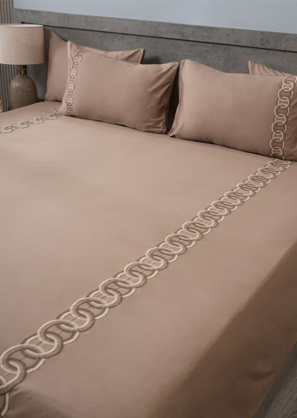 Linked Edit Embroidered Bedsheet Set | Warm Cocoa | Designer Embroidery | 1 Bedsheet with 2 Pillow Covers | Luxury Bedroom Décor (108″x108″/274cmx274cm) view 4