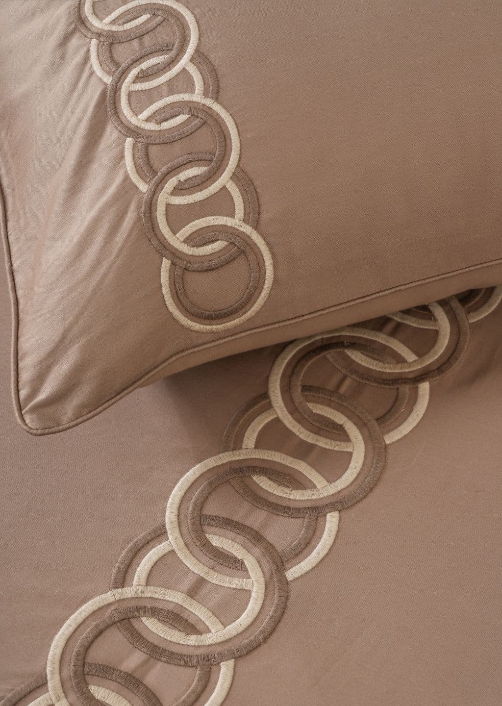 Linked Edit Embroidered Bedsheet Set | Warm Cocoa | Designer Embroidery | 1 Bedsheet with 2 Pillow Covers | Luxury Bedroom Décor (108″x108″/274cmx274cm) view 6