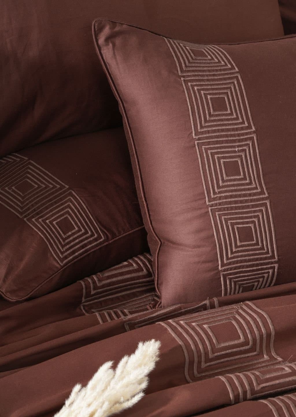 Geometric Square Embroidered Bedsheet Set | Cocoa Roast | Designer Embroidery | 1 Bedsheet with 2 Pillow Covers | Luxury Bedroom Décor (108″x108″/274cmx274cm) view 2