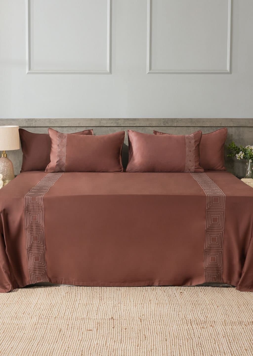 Geometric Square Embroidered Bedsheet Set | Cocoa Roast | Designer Embroidery | 1 Bedsheet with 2 Pillow Covers | Luxury Bedroom Décor (108″x108″/274cmx274cm) view 3
