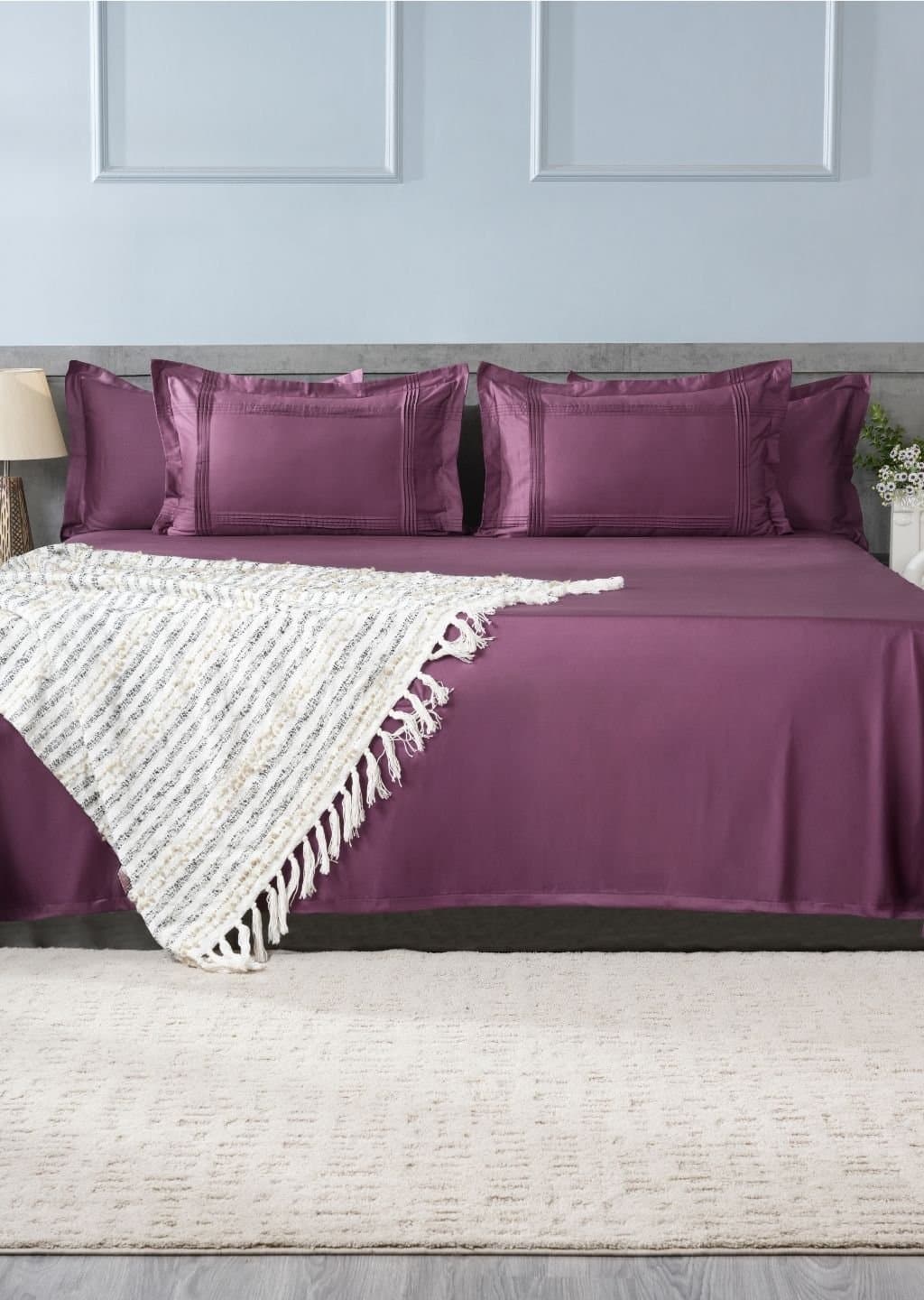 Luxe Frame 400TC Bedsheet Set | Deep Grey | 1 Bedsheet with 2 Pillow Covers | Luxury Bedroom Décor (108″x108″/274cmx274cm) | Vintage Plum view 4