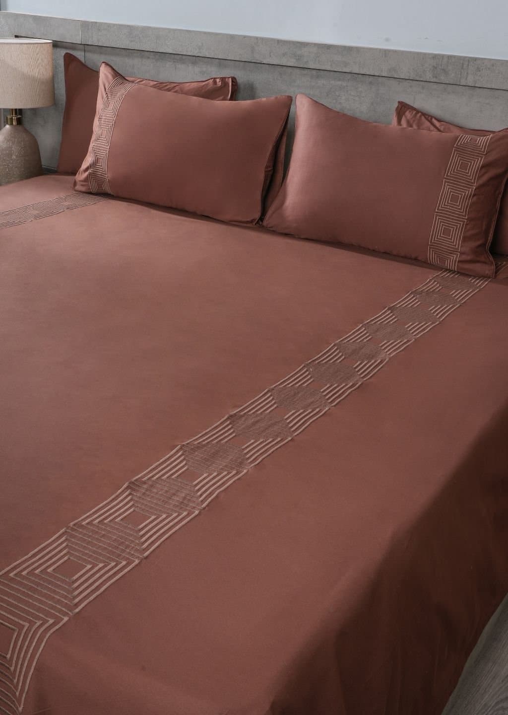 Geometric Square Embroidered Bedsheet Set | Cocoa Roast | Designer Embroidery | 1 Bedsheet with 2 Pillow Covers | Luxury Bedroom Décor (108″x108″/274cmx274cm) view 4