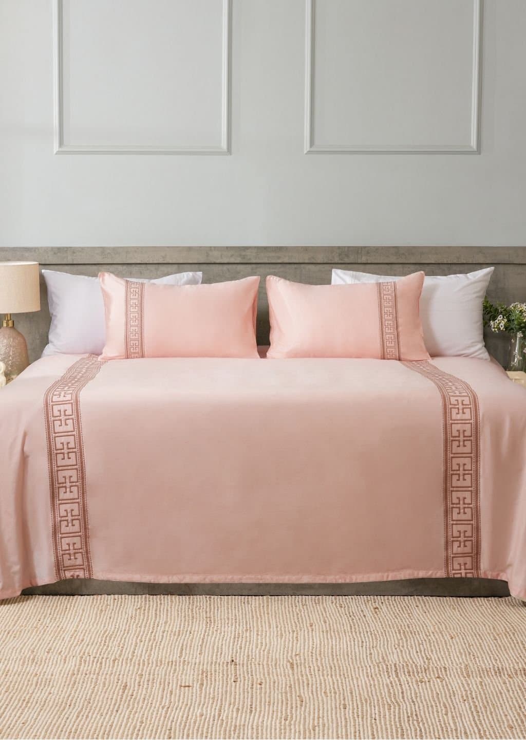 Elysian Border Embroidered Bedsheet Set | Peony Blush | Designer Embroidery | 1 Bedsheet with 2 Pillow Covers | Luxury Bedroom Décor (108″x108″/274cmx274cm) view 3