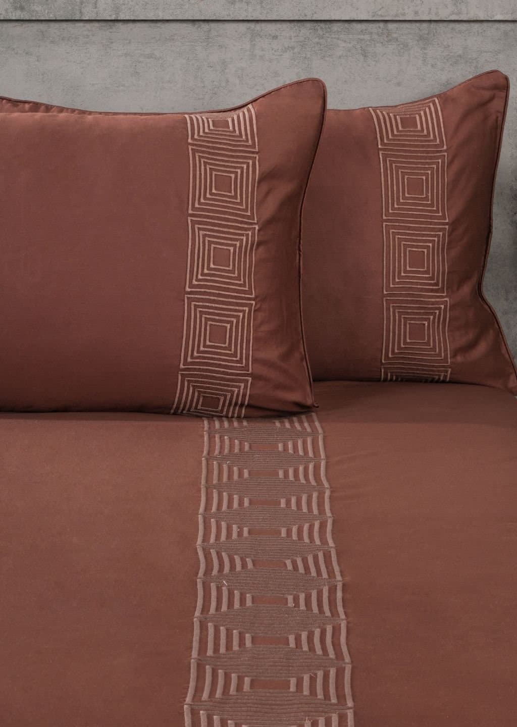 Geometric Square Embroidered Bedsheet Set | Cocoa Roast | Designer Embroidery | 1 Bedsheet with 2 Pillow Covers | Luxury Bedroom Décor (108″x108″/274cmx274cm) view 5