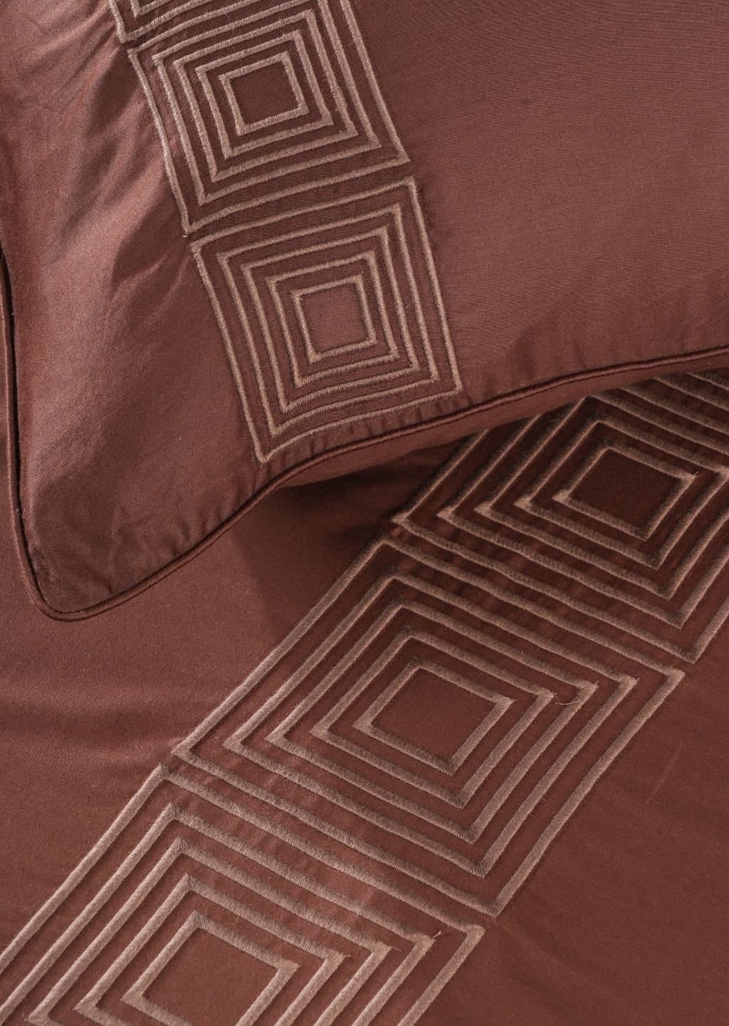 Geometric Square Embroidered Bedsheet Set | Cocoa Roast | Designer Embroidery | 1 Bedsheet with 2 Pillow Covers | Luxury Bedroom Décor (108″x108″/274cmx274cm) view 6