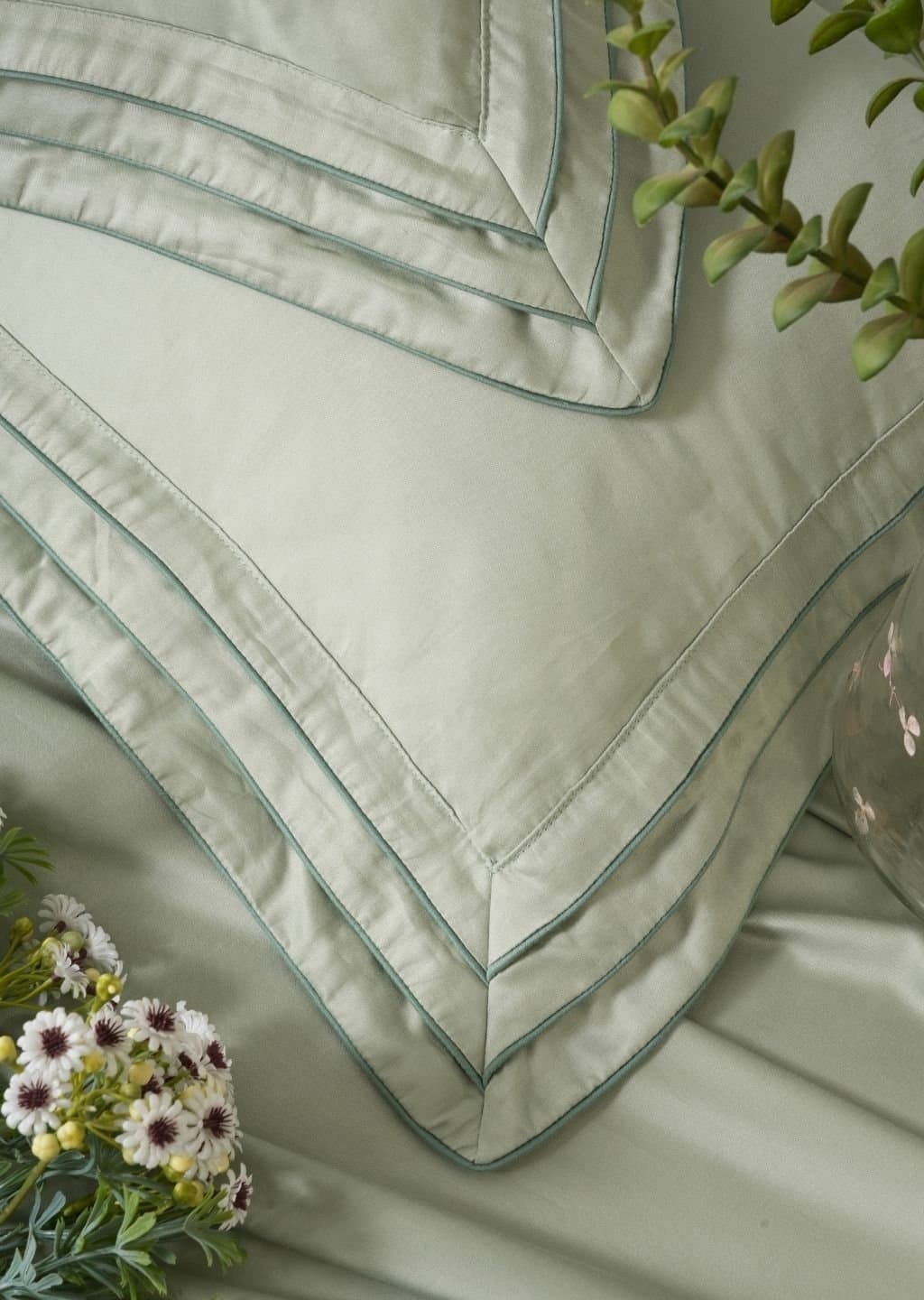 Noir Collection 300TC Bedsheet Set | Mist Green | 1 Bedsheet with 2 Pillow Covers | Luxury Bedroom Décor (108″x108″/274cmx274cm)