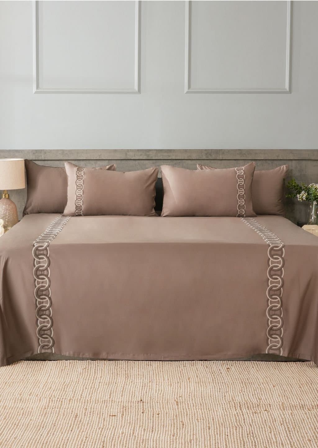 Linked Edit Embroidered Bedsheet Set | Warm Cocoa | Designer Embroidery | 1 Bedsheet with 2 Pillow Covers | Luxury Bedroom Décor (108″x108″/274cmx274cm) view 3
